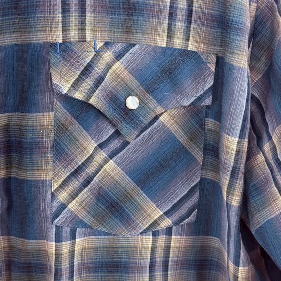 Vintage Ely Cattleman Pearl Snap Western Shirt Blue Tan Plaid Mens Large Cowboy - Picture 4 of 5